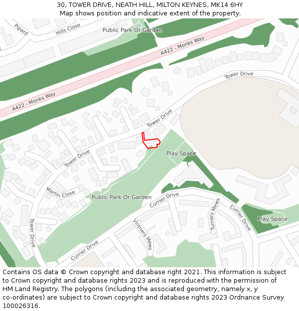 30, TOWER DRIVE, NEATH HILL, MILTON KEYNES, MK14 6HY: Location map and indicative extent of plot