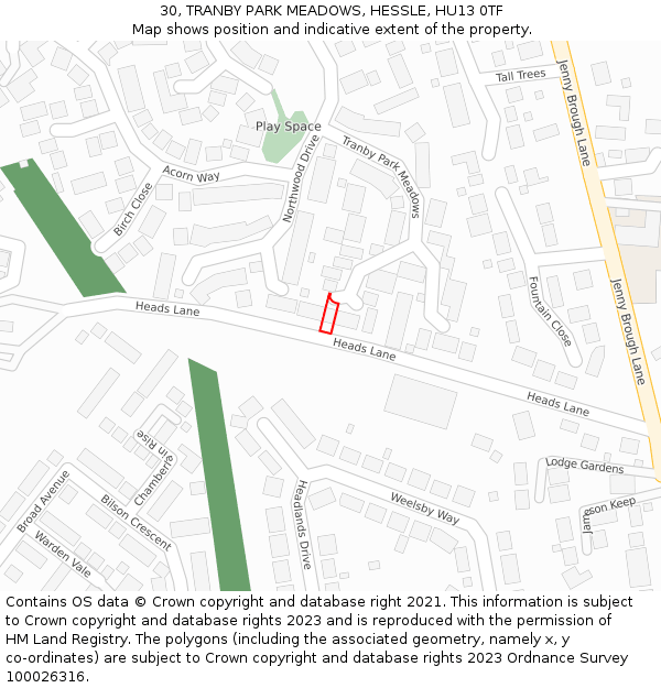 30, TRANBY PARK MEADOWS, HESSLE, HU13 0TF: Location map and indicative extent of plot