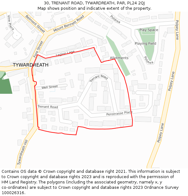 30, TRENANT ROAD, TYWARDREATH, PAR, PL24 2QJ: Location map and indicative extent of plot