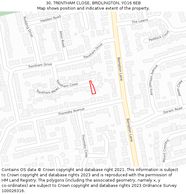 30, TRENTHAM CLOSE, BRIDLINGTON, YO16 6EB: Location map and indicative extent of plot