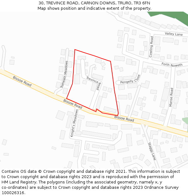 30, TREVINCE ROAD, CARNON DOWNS, TRURO, TR3 6FN: Location map and indicative extent of plot