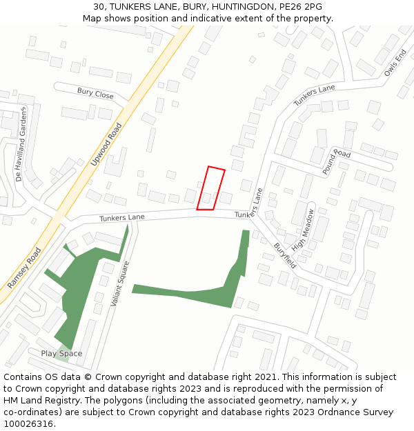 30, TUNKERS LANE, BURY, HUNTINGDON, PE26 2PG: Location map and indicative extent of plot