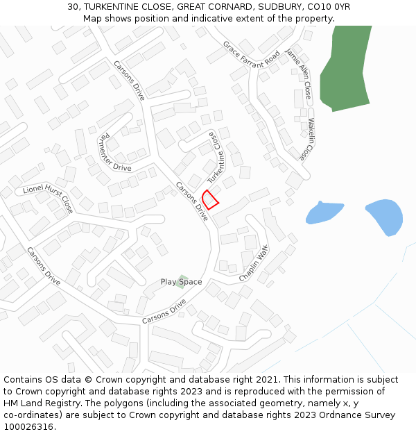 30, TURKENTINE CLOSE, GREAT CORNARD, SUDBURY, CO10 0YR: Location map and indicative extent of plot