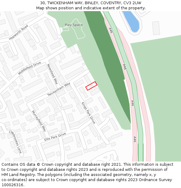 30, TWICKENHAM WAY, BINLEY, COVENTRY, CV3 2UW: Location map and indicative extent of plot