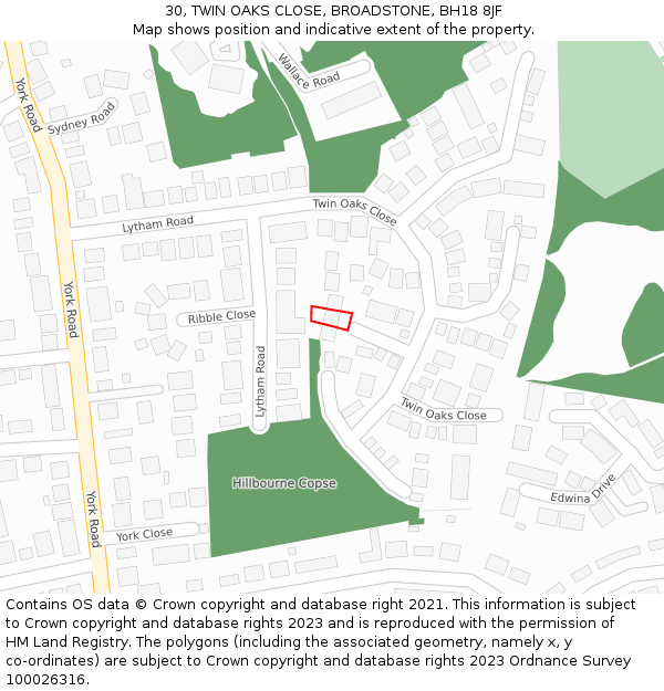 30, TWIN OAKS CLOSE, BROADSTONE, BH18 8JF: Location map and indicative extent of plot