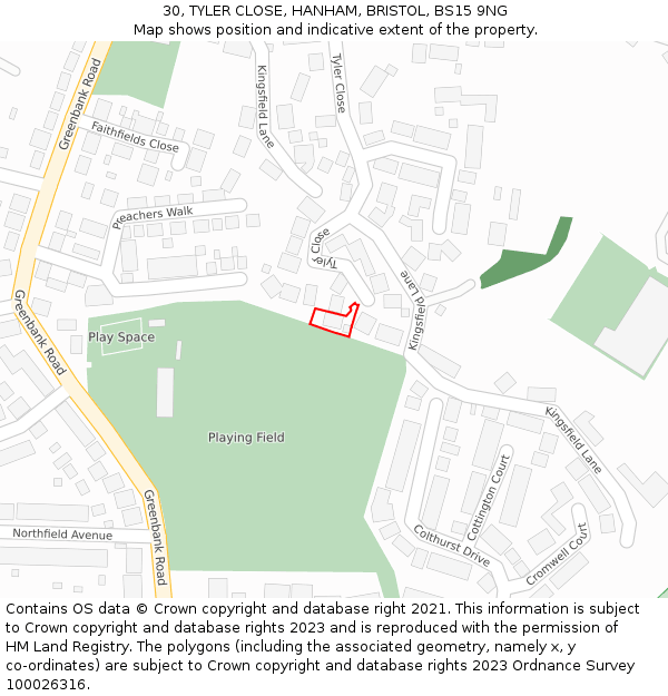 30, TYLER CLOSE, HANHAM, BRISTOL, BS15 9NG: Location map and indicative extent of plot