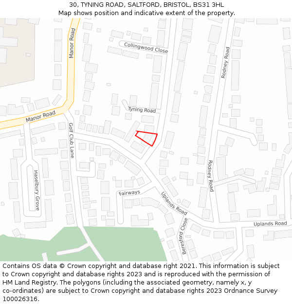 30, TYNING ROAD, SALTFORD, BRISTOL, BS31 3HL: Location map and indicative extent of plot