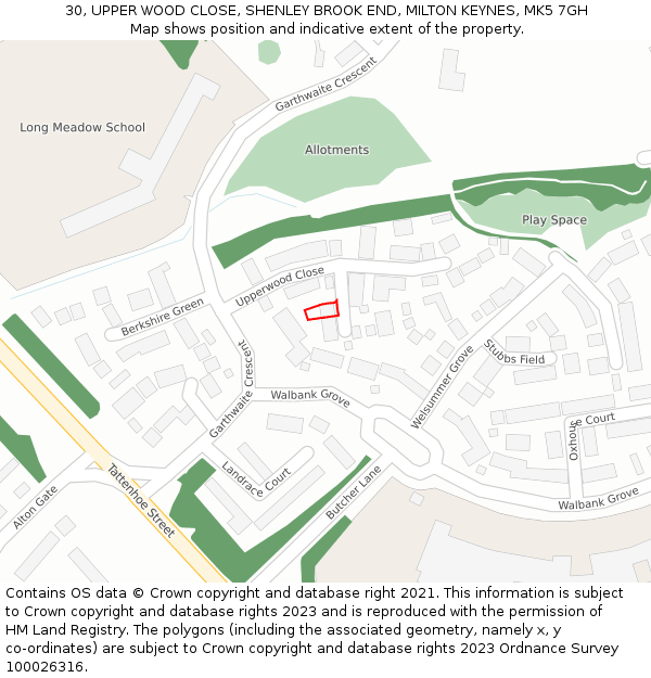 30, UPPER WOOD CLOSE, SHENLEY BROOK END, MILTON KEYNES, MK5 7GH: Location map and indicative extent of plot