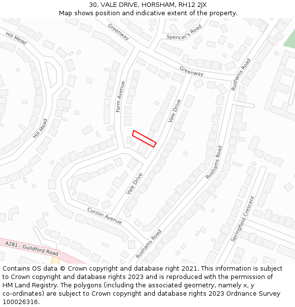 30, VALE DRIVE, HORSHAM, RH12 2JX: Location map and indicative extent of plot