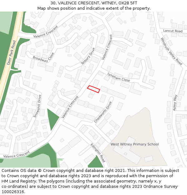 30, VALENCE CRESCENT, WITNEY, OX28 5FT: Location map and indicative extent of plot