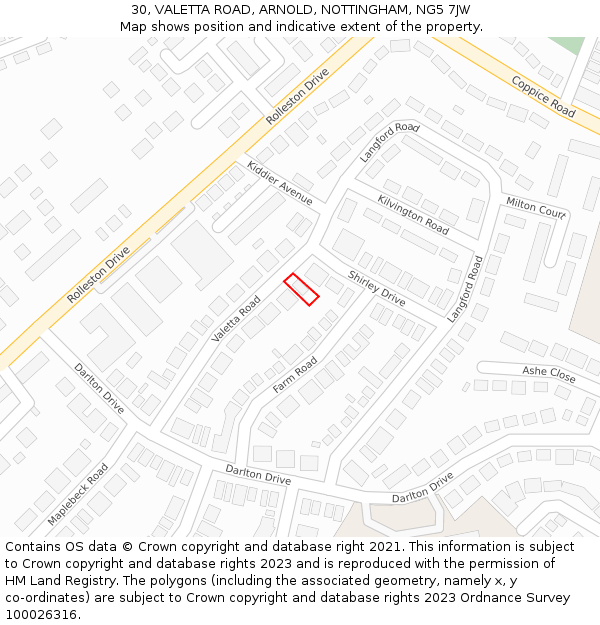 30, VALETTA ROAD, ARNOLD, NOTTINGHAM, NG5 7JW: Location map and indicative extent of plot