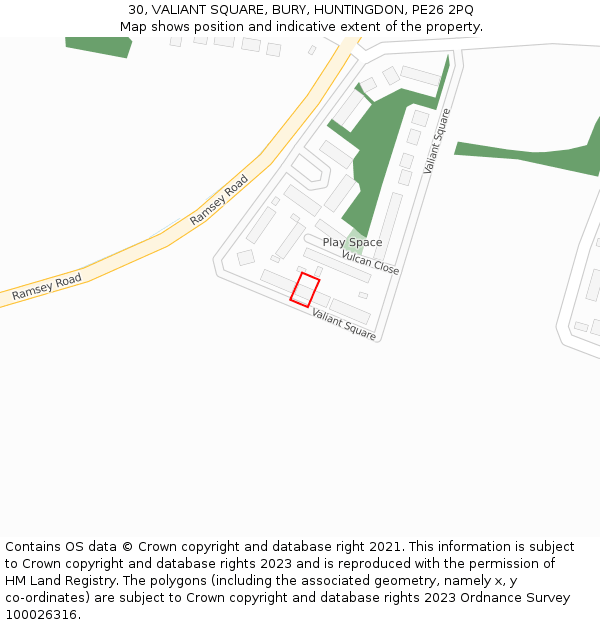 30, VALIANT SQUARE, BURY, HUNTINGDON, PE26 2PQ: Location map and indicative extent of plot