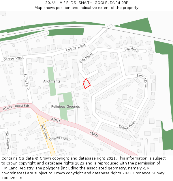 30, VILLA FIELDS, SNAITH, GOOLE, DN14 9RP: Location map and indicative extent of plot