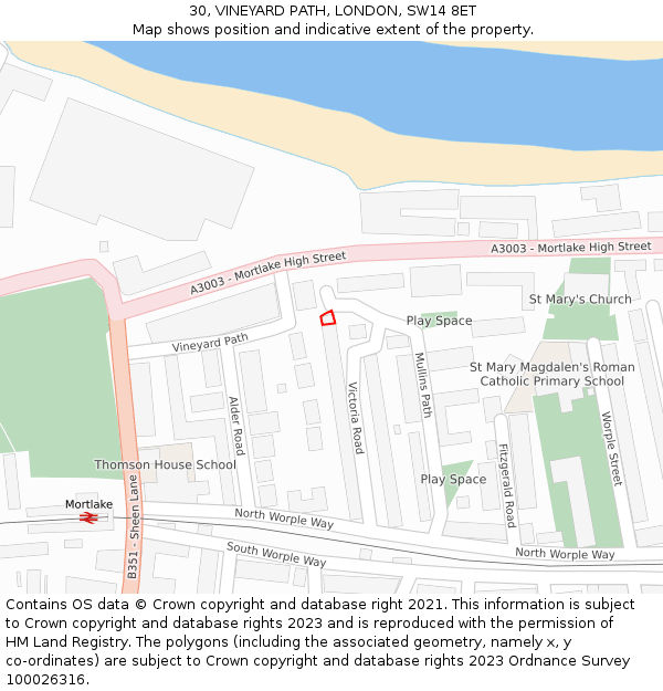 30, VINEYARD PATH, LONDON, SW14 8ET: Location map and indicative extent of plot