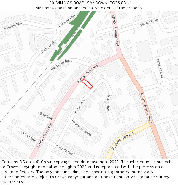 30, VININGS ROAD, SANDOWN, PO36 8DU: Location map and indicative extent of plot