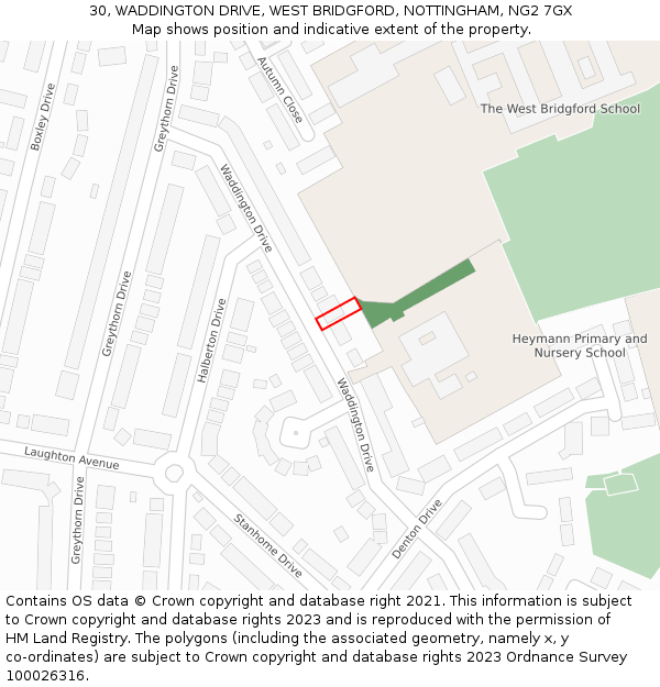 30, WADDINGTON DRIVE, WEST BRIDGFORD, NOTTINGHAM, NG2 7GX: Location map and indicative extent of plot