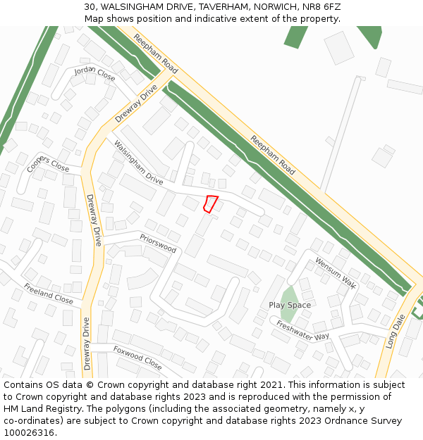 30, WALSINGHAM DRIVE, TAVERHAM, NORWICH, NR8 6FZ: Location map and indicative extent of plot