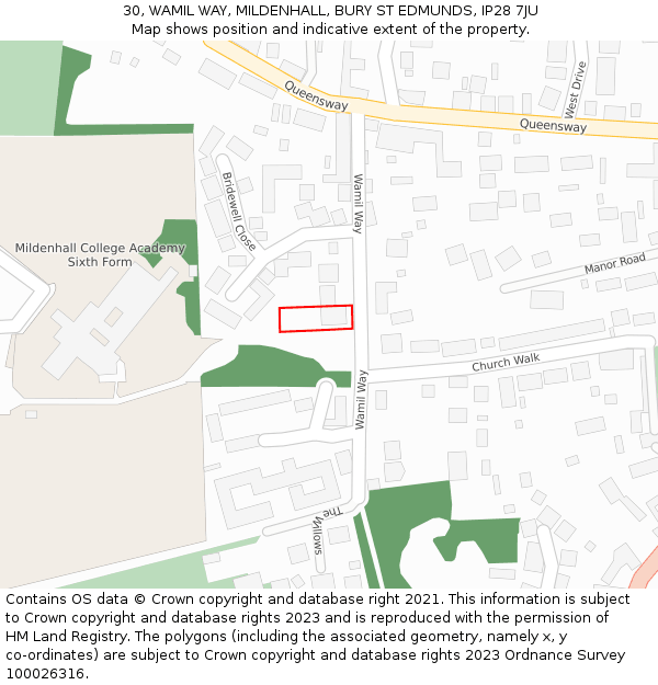 30, WAMIL WAY, MILDENHALL, BURY ST EDMUNDS, IP28 7JU: Location map and indicative extent of plot