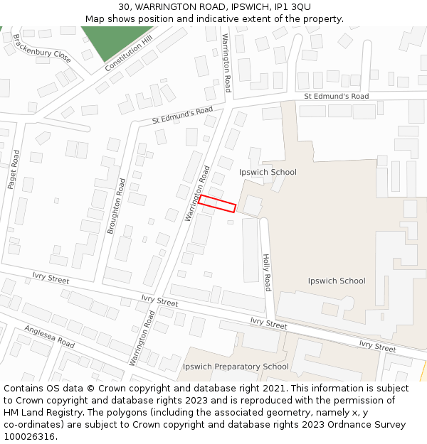 30, WARRINGTON ROAD, IPSWICH, IP1 3QU: Location map and indicative extent of plot