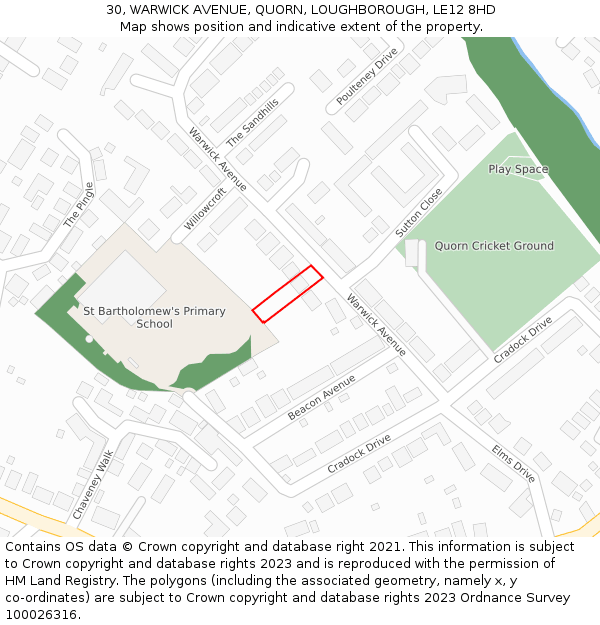 30, WARWICK AVENUE, QUORN, LOUGHBOROUGH, LE12 8HD: Location map and indicative extent of plot