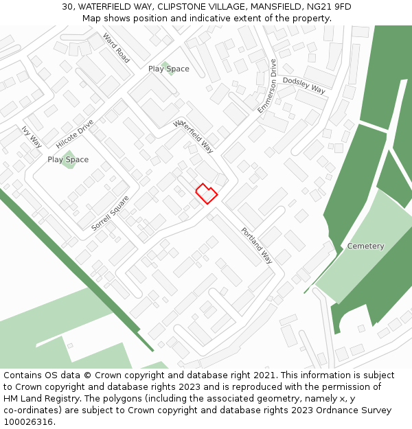 30, WATERFIELD WAY, CLIPSTONE VILLAGE, MANSFIELD, NG21 9FD: Location map and indicative extent of plot