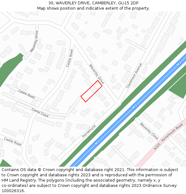 30, WAVERLEY DRIVE, CAMBERLEY, GU15 2DP: Location map and indicative extent of plot