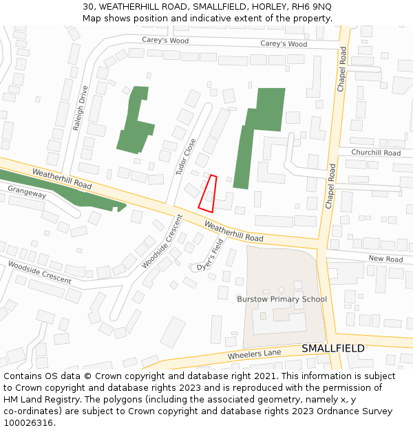 30, WEATHERHILL ROAD, SMALLFIELD, HORLEY, RH6 9NQ: Location map and indicative extent of plot