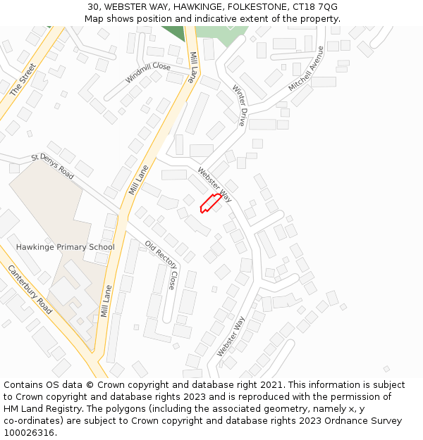 30, WEBSTER WAY, HAWKINGE, FOLKESTONE, CT18 7QG: Location map and indicative extent of plot