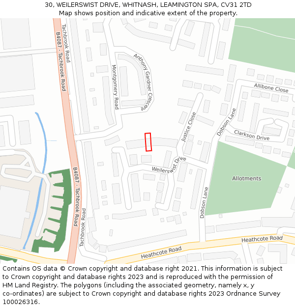 30, WEILERSWIST DRIVE, WHITNASH, LEAMINGTON SPA, CV31 2TD: Location map and indicative extent of plot