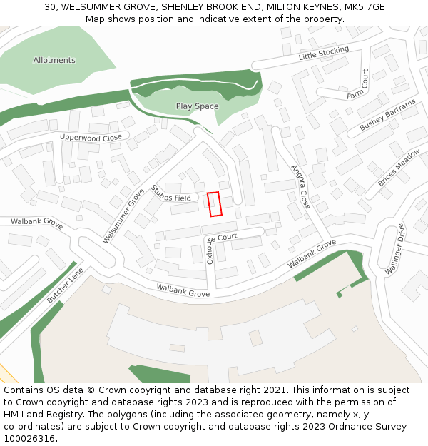 30, WELSUMMER GROVE, SHENLEY BROOK END, MILTON KEYNES, MK5 7GE: Location map and indicative extent of plot