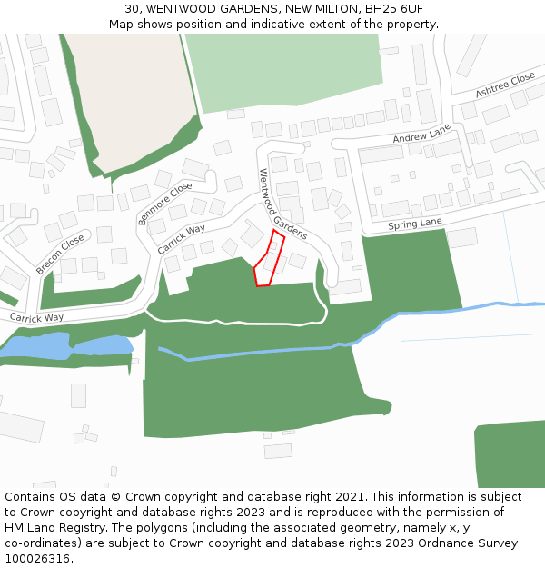30, WENTWOOD GARDENS, NEW MILTON, BH25 6UF: Location map and indicative extent of plot