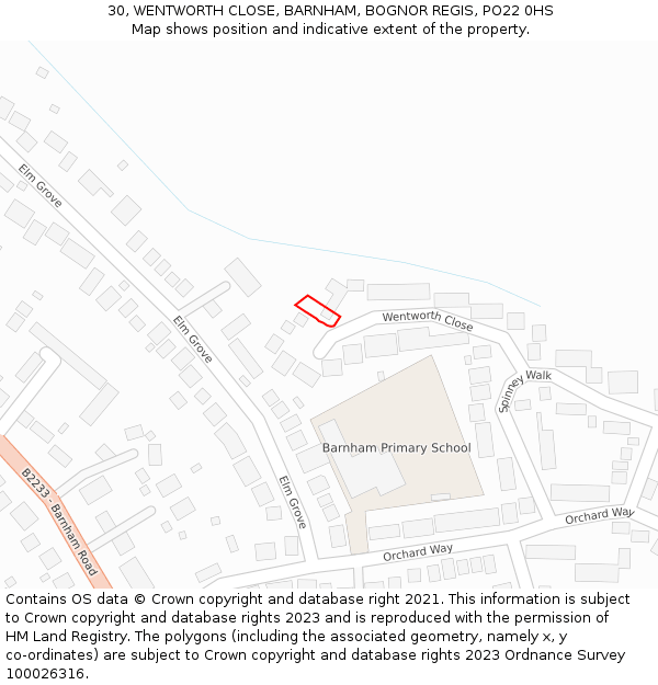 30, WENTWORTH CLOSE, BARNHAM, BOGNOR REGIS, PO22 0HS: Location map and indicative extent of plot