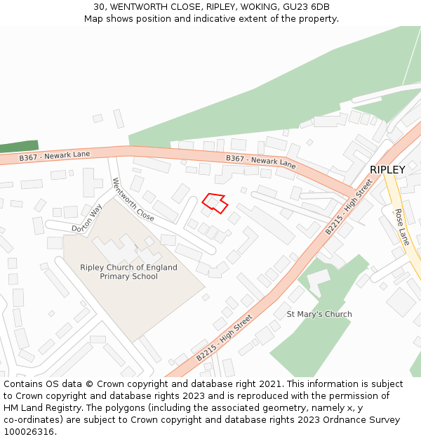 30, WENTWORTH CLOSE, RIPLEY, WOKING, GU23 6DB: Location map and indicative extent of plot