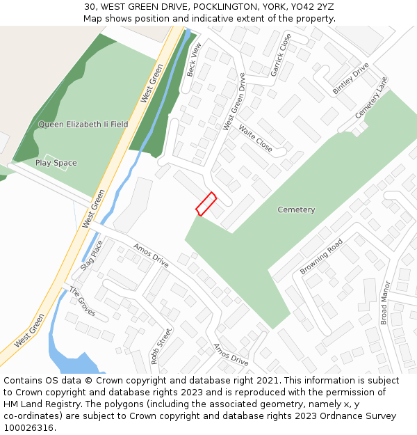 30, WEST GREEN DRIVE, POCKLINGTON, YORK, YO42 2YZ: Location map and indicative extent of plot