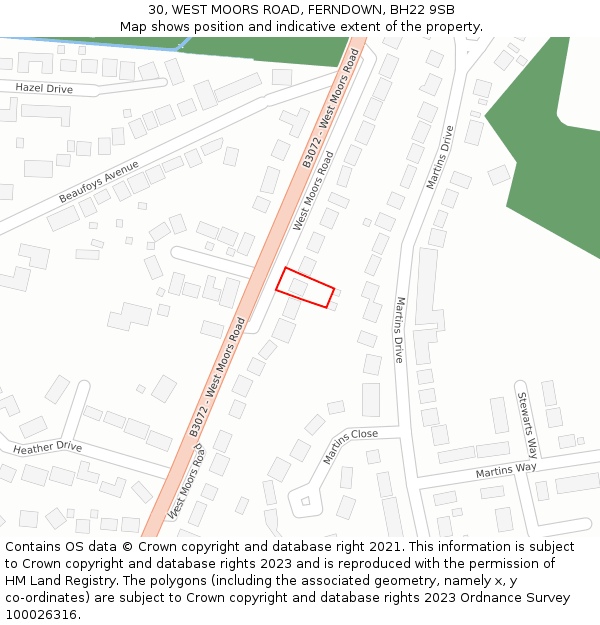 30, WEST MOORS ROAD, FERNDOWN, BH22 9SB: Location map and indicative extent of plot