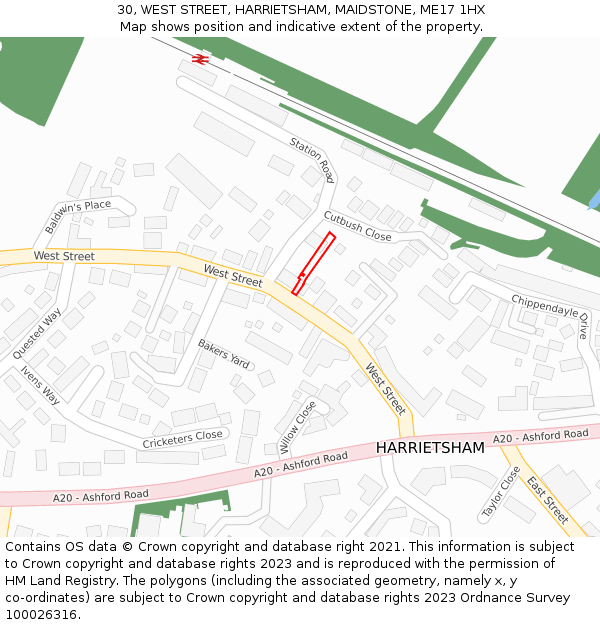 30, WEST STREET, HARRIETSHAM, MAIDSTONE, ME17 1HX: Location map and indicative extent of plot