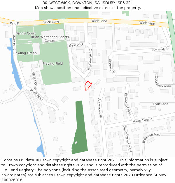 30, WEST WICK, DOWNTON, SALISBURY, SP5 3FH: Location map and indicative extent of plot