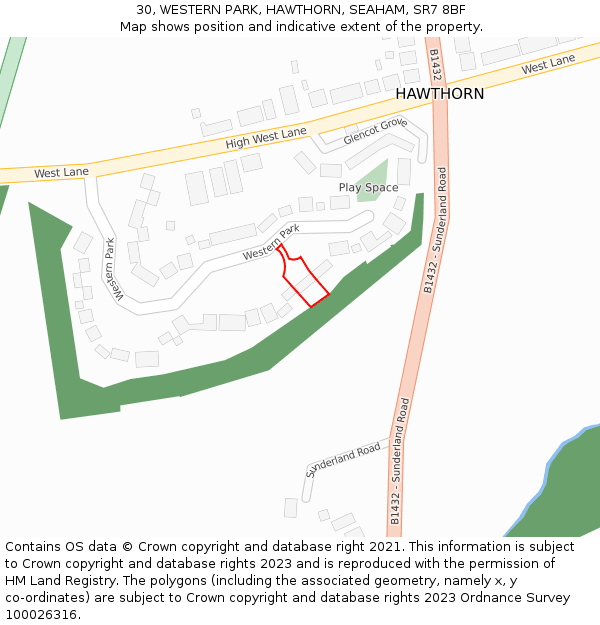 30, WESTERN PARK, HAWTHORN, SEAHAM, SR7 8BF: Location map and indicative extent of plot