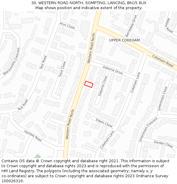 30, WESTERN ROAD NORTH, SOMPTING, LANCING, BN15 9UX: Location map and indicative extent of plot