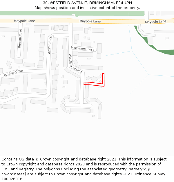 30, WESTFIELD AVENUE, BIRMINGHAM, B14 4PN: Location map and indicative extent of plot