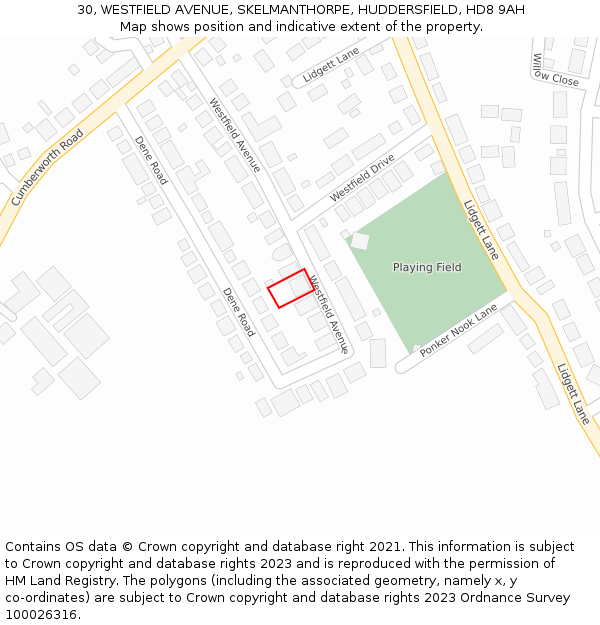 30, WESTFIELD AVENUE, SKELMANTHORPE, HUDDERSFIELD, HD8 9AH: Location map and indicative extent of plot