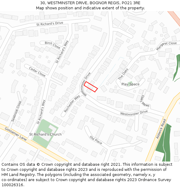 30, WESTMINSTER DRIVE, BOGNOR REGIS, PO21 3RE: Location map and indicative extent of plot