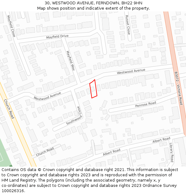 30, WESTWOOD AVENUE, FERNDOWN, BH22 9HN: Location map and indicative extent of plot