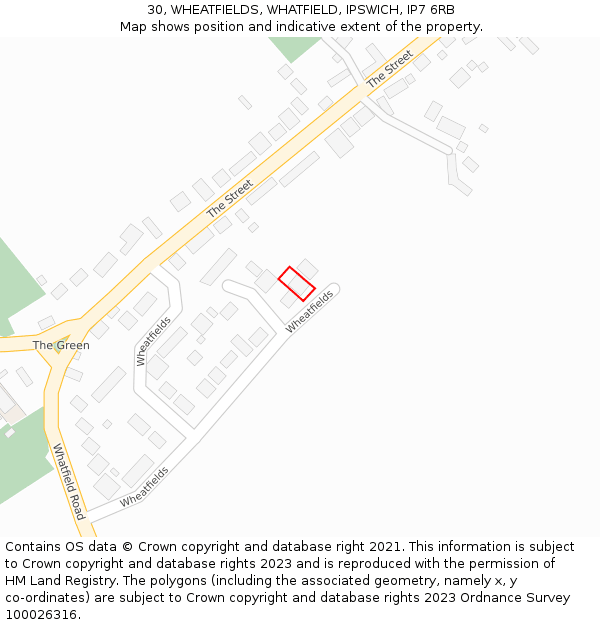 30, WHEATFIELDS, WHATFIELD, IPSWICH, IP7 6RB: Location map and indicative extent of plot