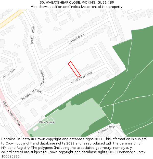 30, WHEATSHEAF CLOSE, WOKING, GU21 4BP: Location map and indicative extent of plot