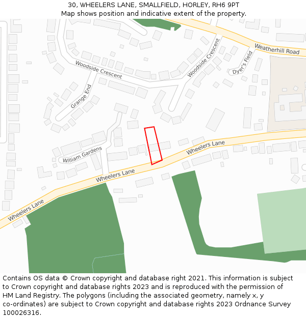 30, WHEELERS LANE, SMALLFIELD, HORLEY, RH6 9PT: Location map and indicative extent of plot