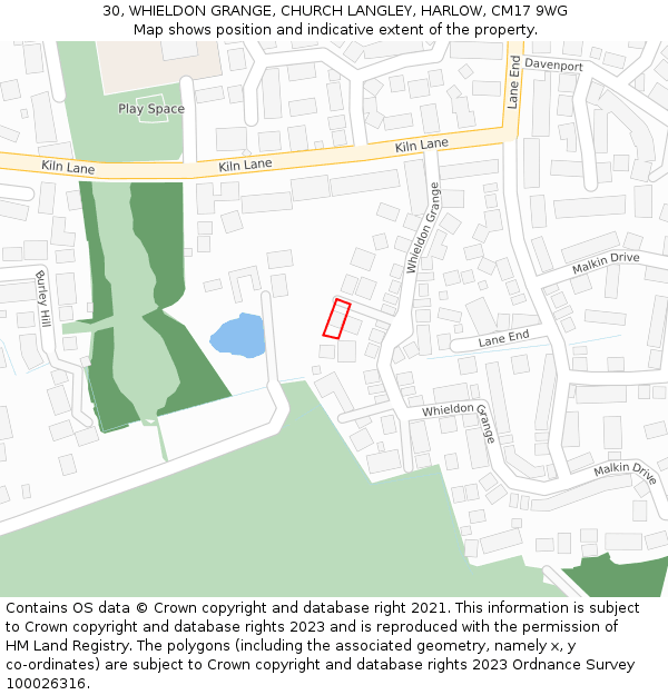 30, WHIELDON GRANGE, CHURCH LANGLEY, HARLOW, CM17 9WG: Location map and indicative extent of plot