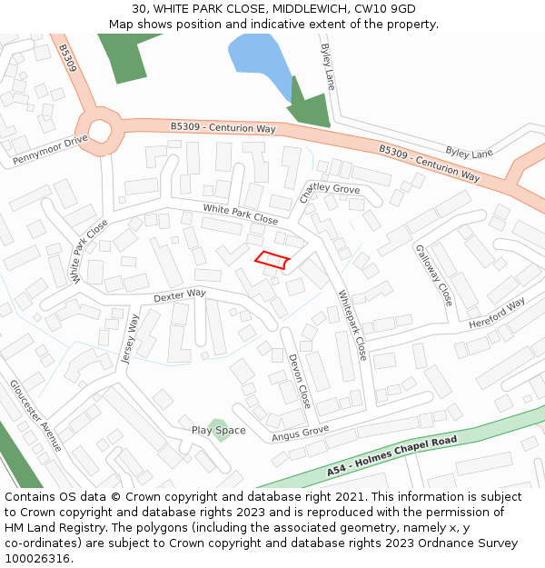 30, WHITE PARK CLOSE, MIDDLEWICH, CW10 9GD: Location map and indicative extent of plot