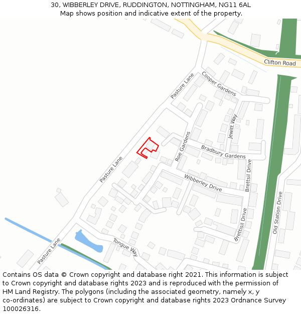 30, WIBBERLEY DRIVE, RUDDINGTON, NOTTINGHAM, NG11 6AL: Location map and indicative extent of plot