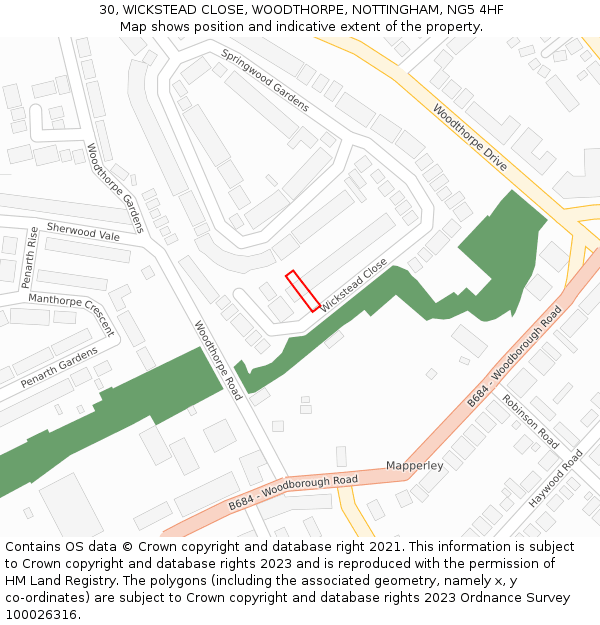 30, WICKSTEAD CLOSE, WOODTHORPE, NOTTINGHAM, NG5 4HF: Location map and indicative extent of plot